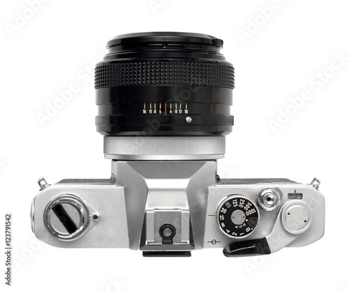 Top view of vintage SLR film camera with normal wide aperture manual focus lens
