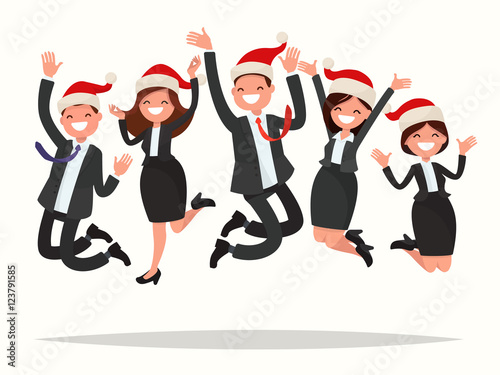 Business people in Christmas hats are  jumped. Vector illustrati