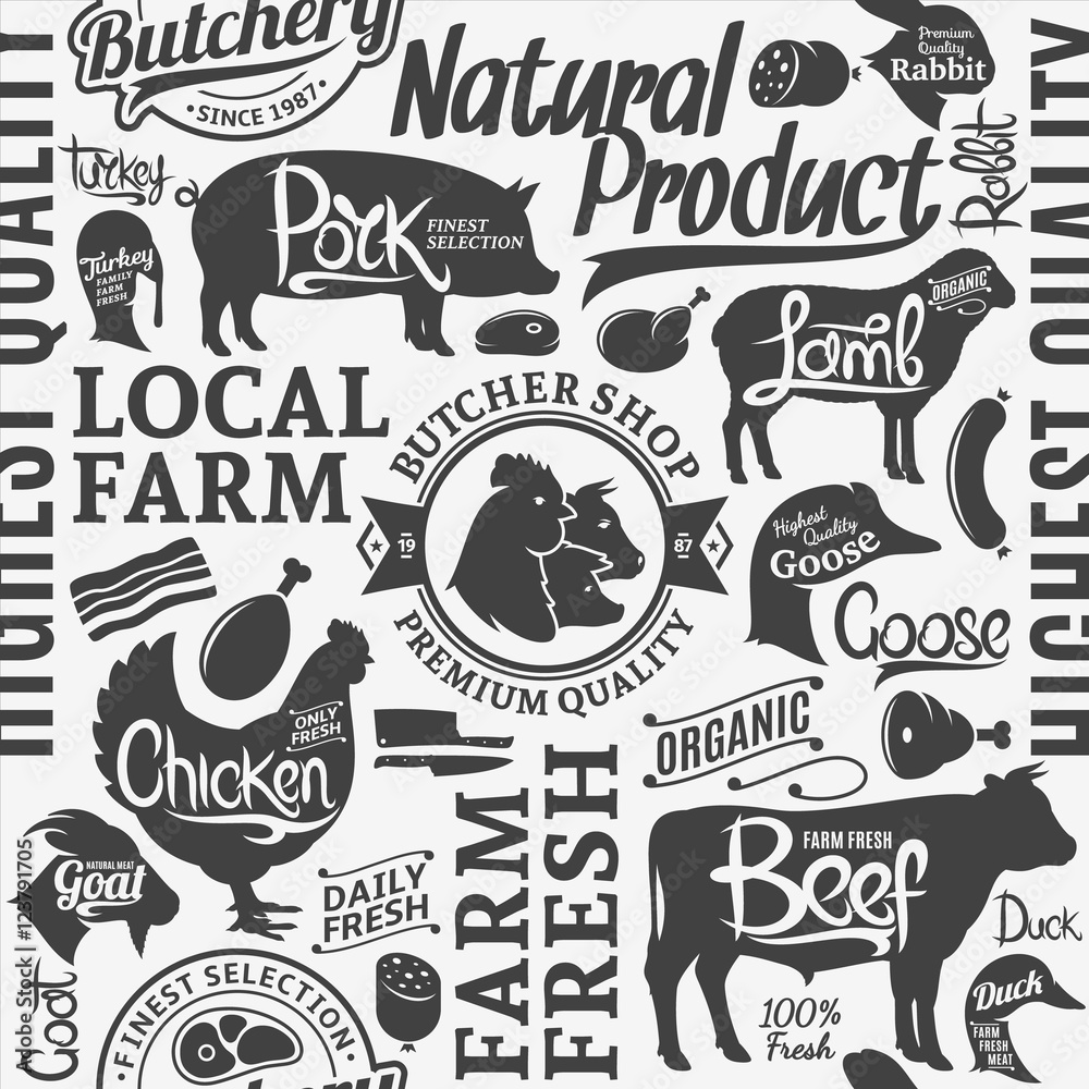 Typographic vector butchery seamless pattern or background