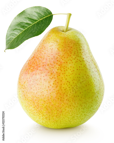 Fototapeta Red yellow pear fruit with green leaf isolated on white with clipping path