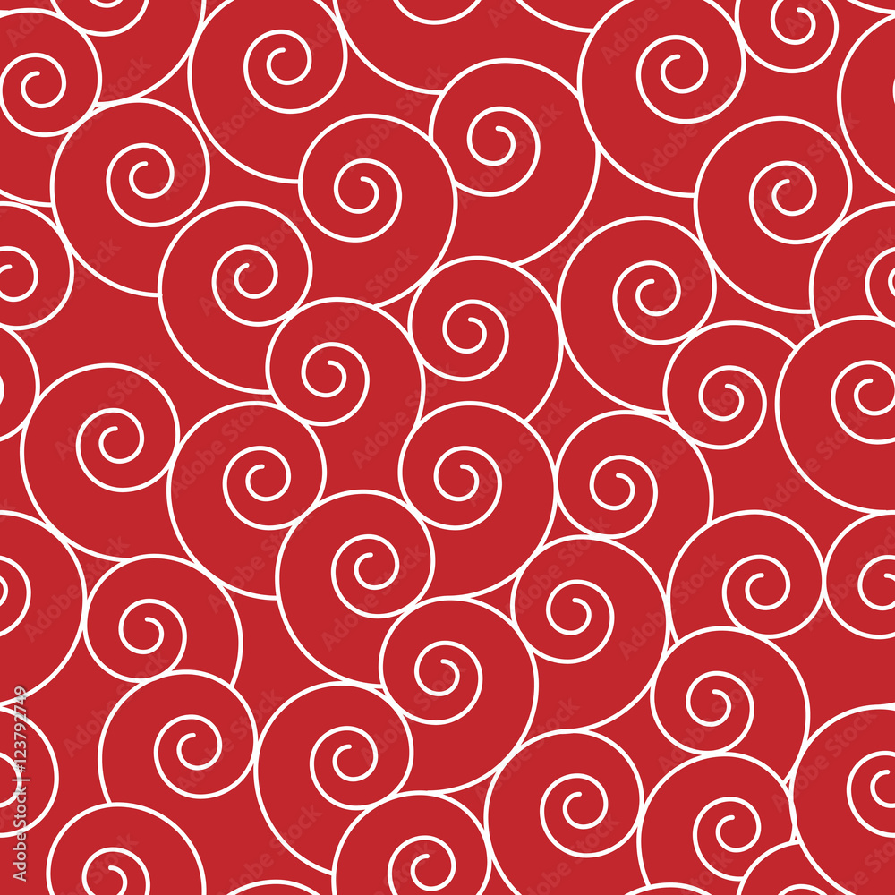 Seamless Japanese spiral pattern. White wavy elements on red background. Traditional fabric print for tenugui hand towels, belts, headbands & bandanas, head covering in kendo. 