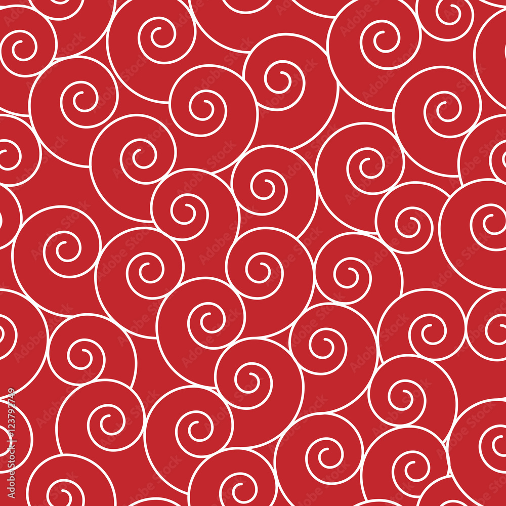 Seamless Japanese spiral pattern. White wavy elements on red background. Traditional fabric print for tenugui hand towels, belts, headbands & bandanas, head covering in kendo. Seamless Japanese spiral pattern. White wavy elements on red background. Traditional fabric print for tenugui hand towels, belts, headbands & bandanas, head covering in kendo.