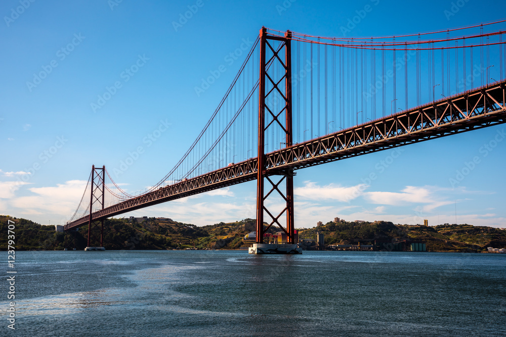 Famous 25 de Abril bridge over Tagus in Lisbon, Portugal
