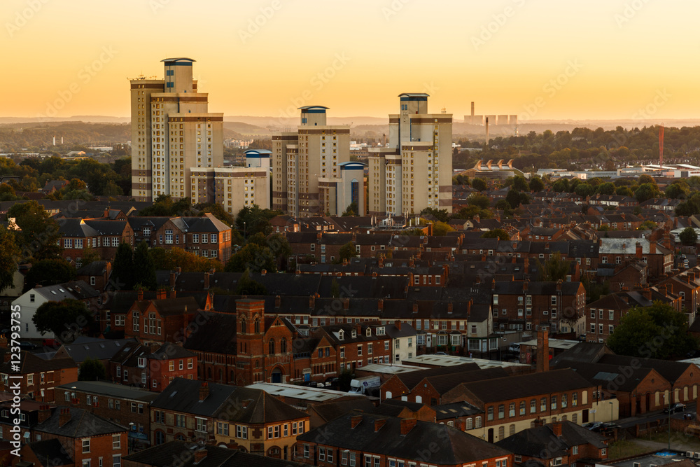 Obraz premium Radford flats tower block, power station behind, Nottingham.