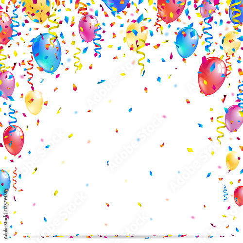 Bright celebration background with colorful balloons, confetti and party ribbons. Vector illustration.