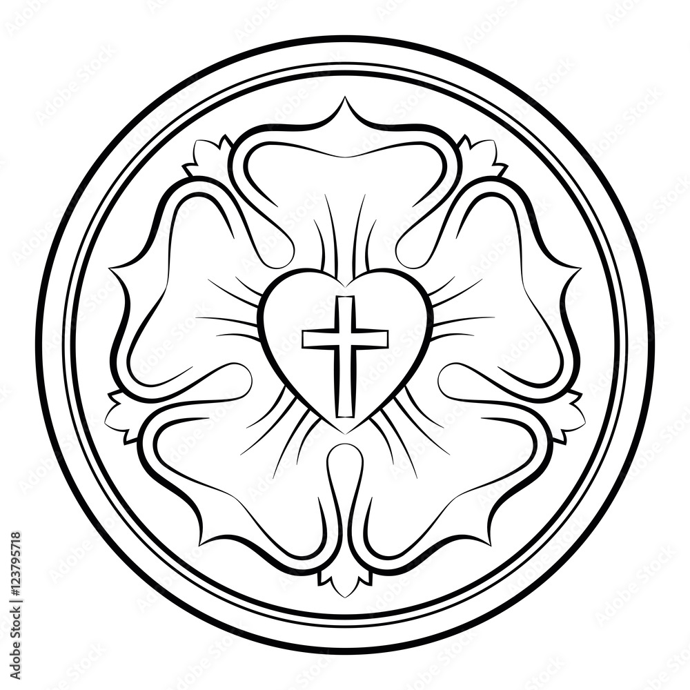 Luther rose monochrome calligraphic illustration. Also Luther seal, symbol  of Lutheranism. Expression of theology and faith of Martin Luther,  consisting of a cross, an heart, a single rose and a ring. –