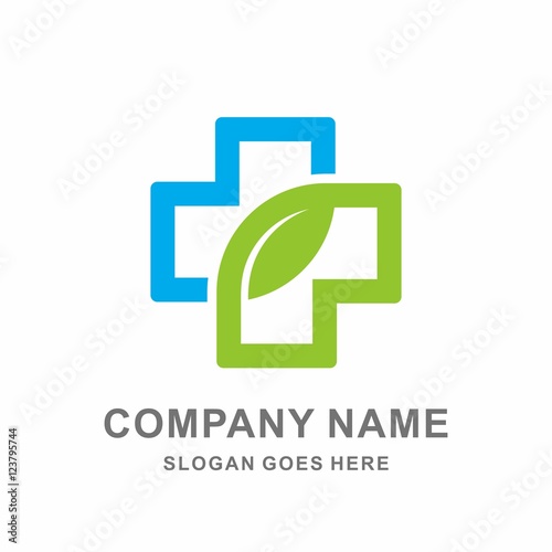Medical Pharmacy Geometric Cross Herbal Green Leaf  Vector Logo Design Template