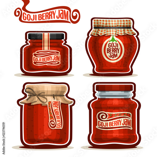 Vector logo Goji Berry Jam in glass Jars with paper lid cover, orange Pot home made goji berry jams, twine rope bow, homemade fruit jam jar, jelly pot with label, checkered cloth cap isolated on white