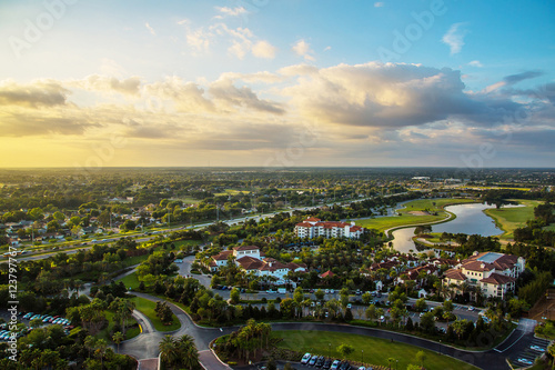 Gorgeous sunset aerial panoramic view of the Orlando, Florida