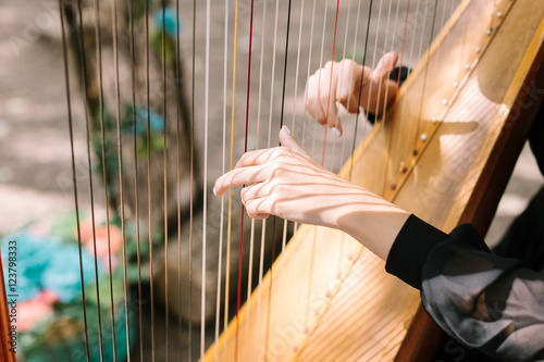 Photographie hands of the woman playing a harp. symphonic orchestra. harpist