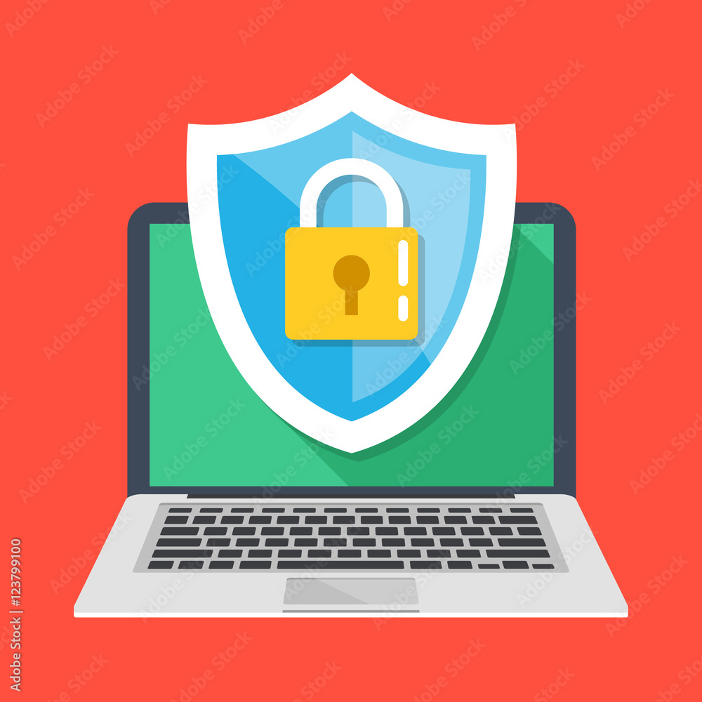 Computer security, protect your laptop concepts. Notebook and shield