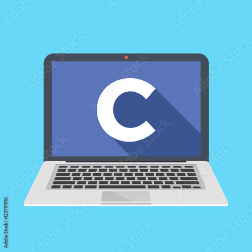 Laptop with C letter on screen. Learn C programming language concept. Modern long shadow flat design vector illustration