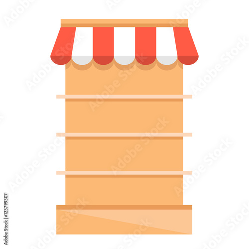 Retail store shelves with red awning. Grocery store equipment. Flat vector illustration