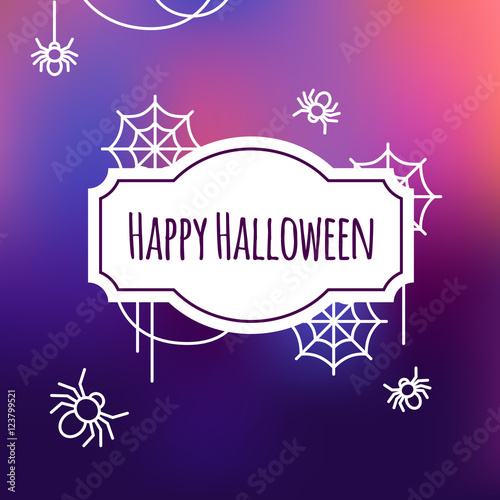 Halloween greeting card with flat outline icons. Vector Illustration. White outline icons on blur purple Backdrop. Halloween Concept.