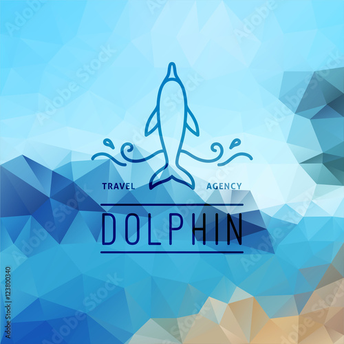 travel agency logo on polygon seascape background, dolphin