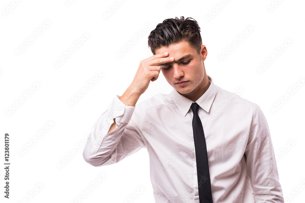Man with head pain about business on white Man with head pain about business on white
