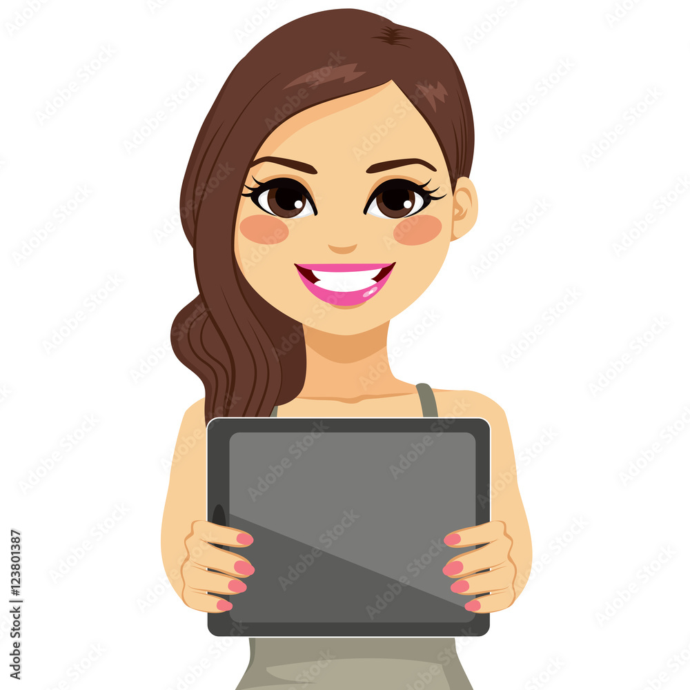 Beautiful brunette woman displaying tablet on horizontal position Beautiful brunette woman displaying tablet on horizontal position
