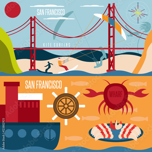 San Francisco landmarks , seafood and kite surfing horizontal fl