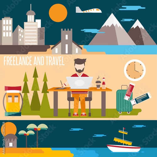 freelance and travel horizontal flat design vector banners