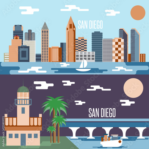 San Diego landmarks horizontal flat design vector banners