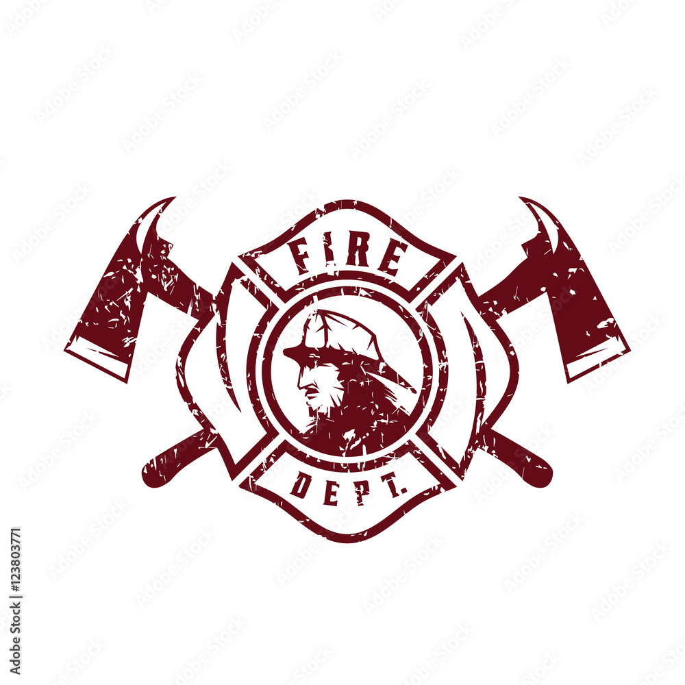 grunge emblem of fire department with fireman - obrazy, fototapety, plakaty 