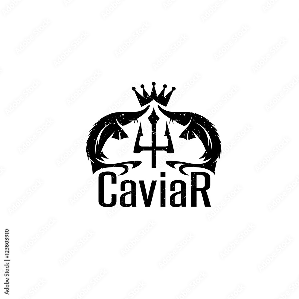 caviar grunge vector emblem with sturgeons , crown and trident caviar grunge vector emblem with sturgeons , crown and trident