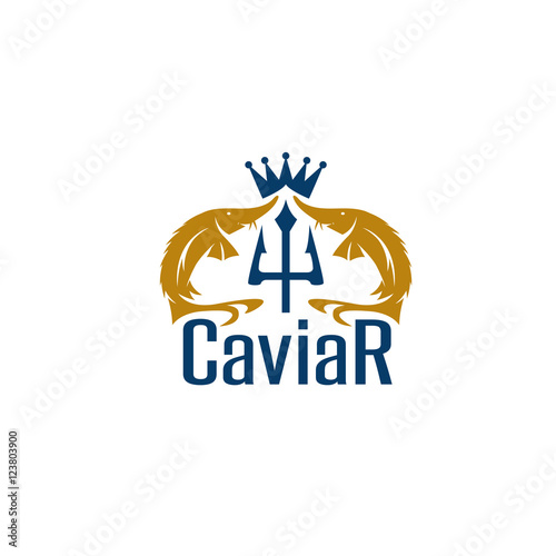 caviar vector emblem with sturgeons , crown and trident