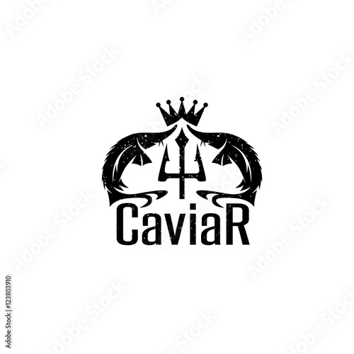 caviar grunge vector emblem with sturgeons , crown and trident