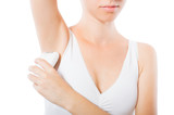 Woman epilating armpit white Electric depilatories. On white, isolated background.
