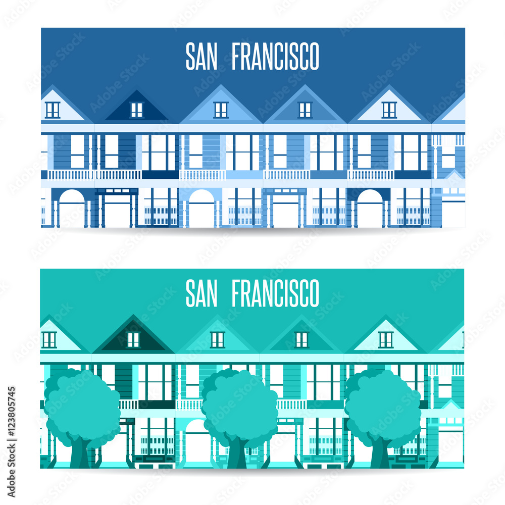 San Francisco landmarks horizontal flat design vector banners