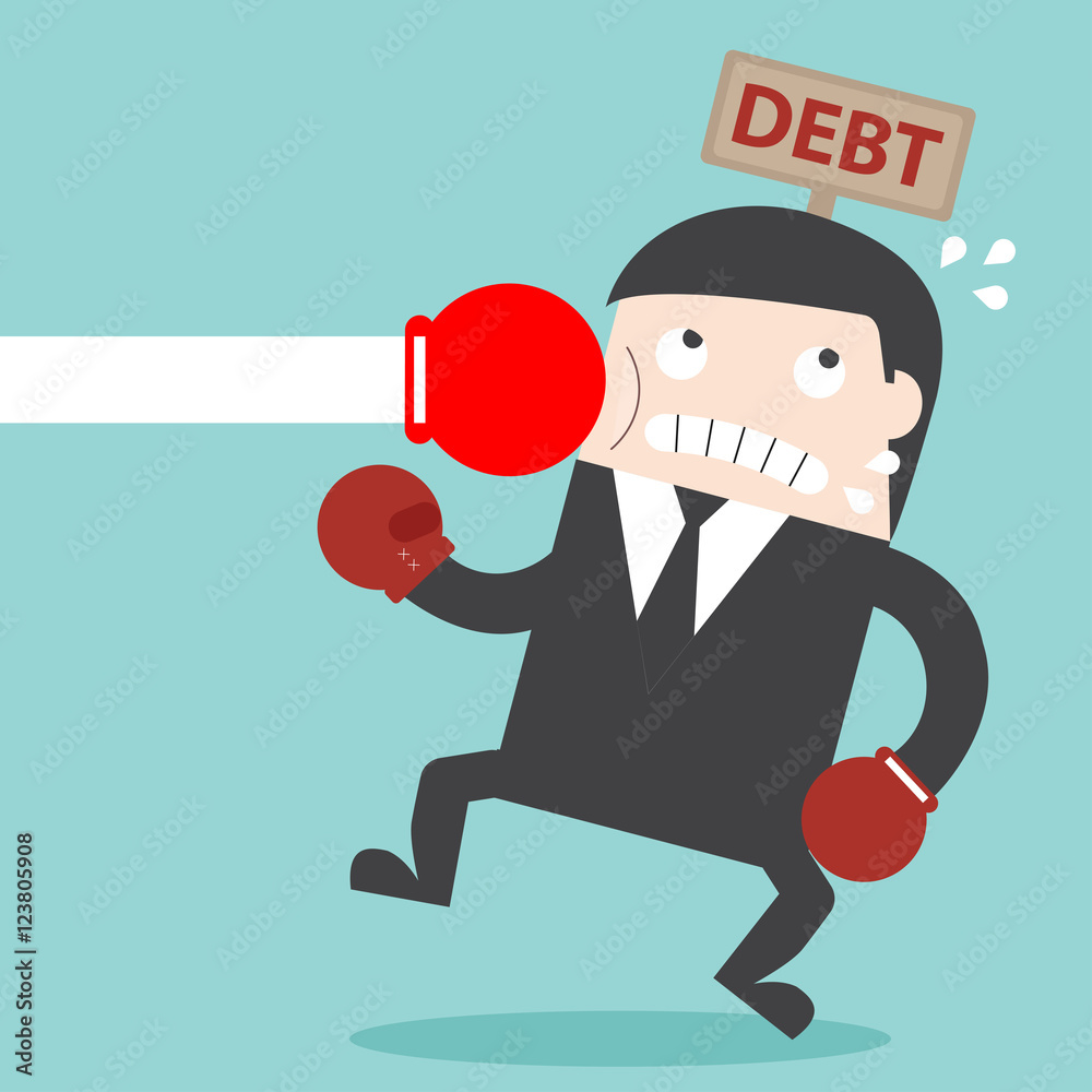 Fight DEBT businessman fight with DEBT boxing gloves fighting pose Fight DEBT businessman fight with DEBT boxing gloves fighting pose
