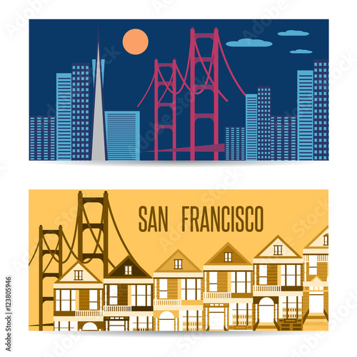 San Francisco landmarks horizontal flat design vector banners