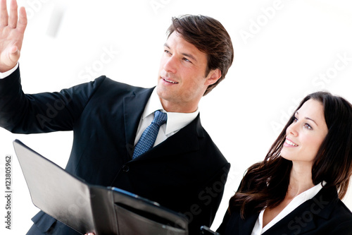 Male man businessman and Female woman businesswoman discussing future plans isolated on white background photo