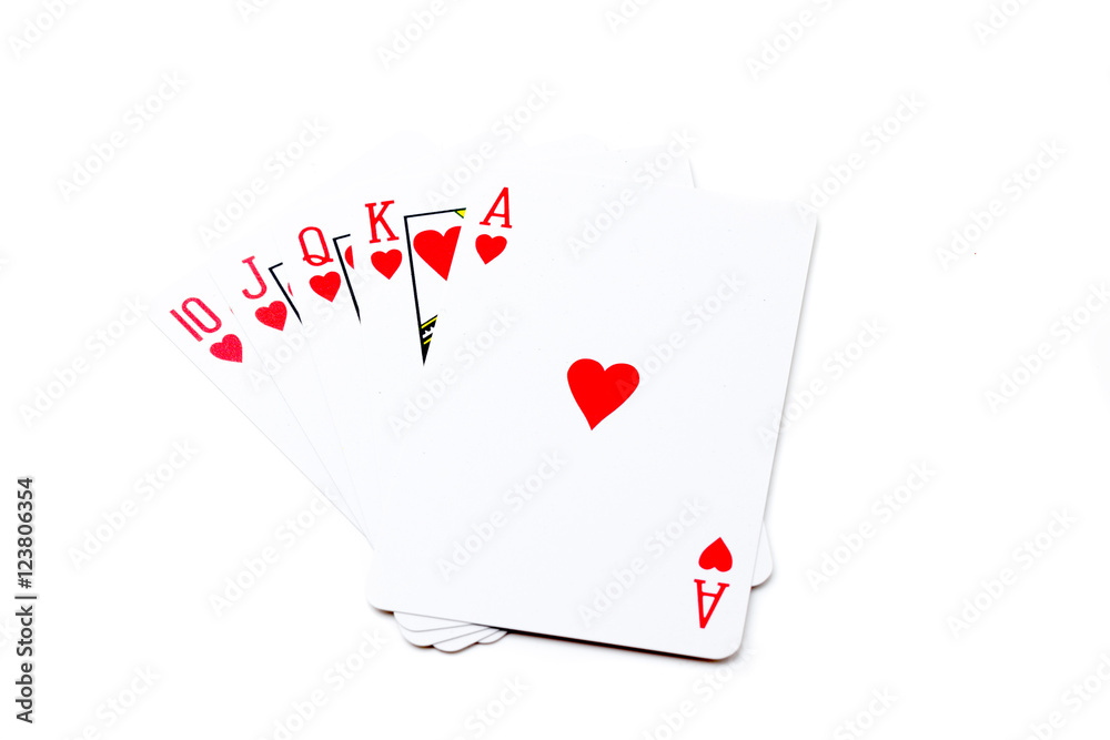 Obraz premium A royal straight flush playing cards poker hand in hearts.
