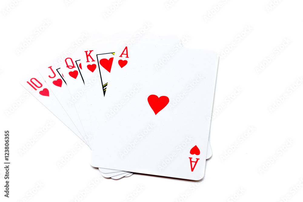 Obraz premium A royal straight flush playing cards poker hand in hearts.