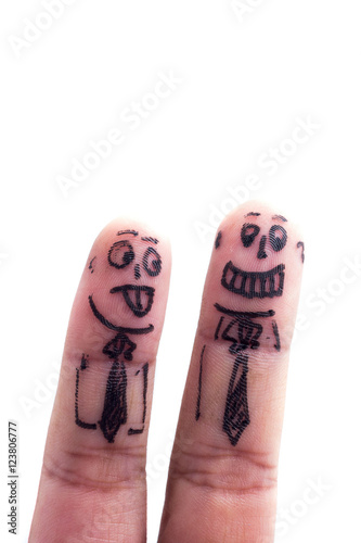 Two happy fingers decorated as business man and his friends with tie