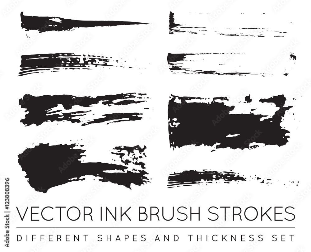 Set of Vector Black Pen Ink Brush Strokes. Grunge Ink Brush Stro