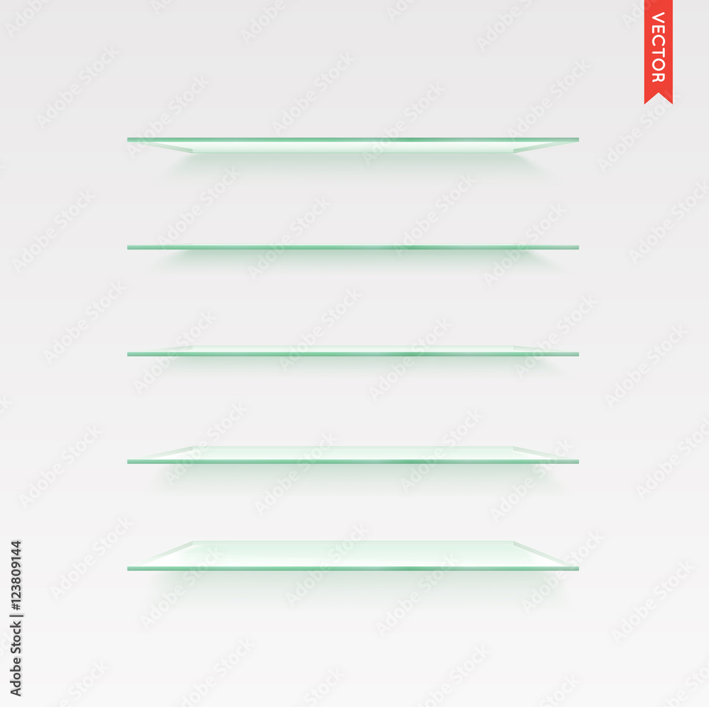 Set of Glass Shelves Vector Isolated on the Wall Background Set of Glass Shelves Vector Isolated on the Wall Background