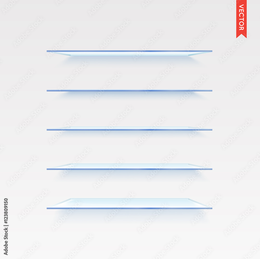 Set of Glass Shelves Vector Isolated on the Wall Background