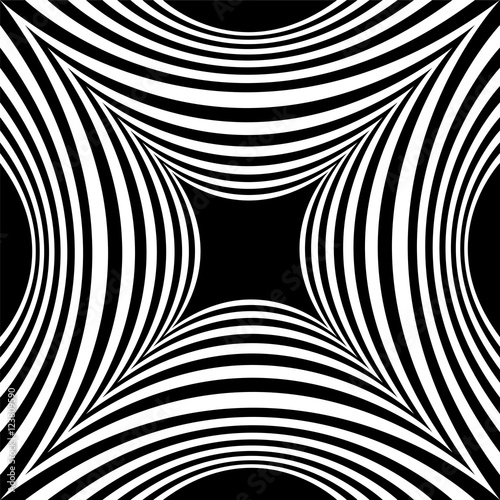 Black and White Striped Pattern of Concave Rectangle Gently Shimmering from  light to dark. Visual Volume Effect.  Polygonal Geometric Abstract Background.  Vector Illustration.