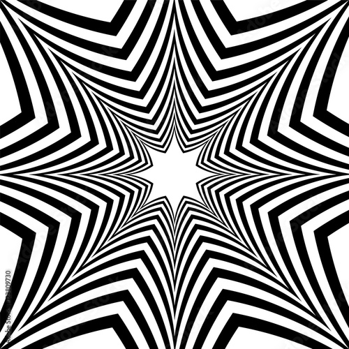 Black and White Striped Stars Expanding from the Center. Optical Effect of Depth and Volume.Polygonal Geometric Abstract Background.  Vector Illustration.