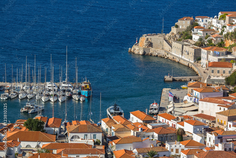 Top view of Hydra island, yacht marina at the Aegean sea, Greece.