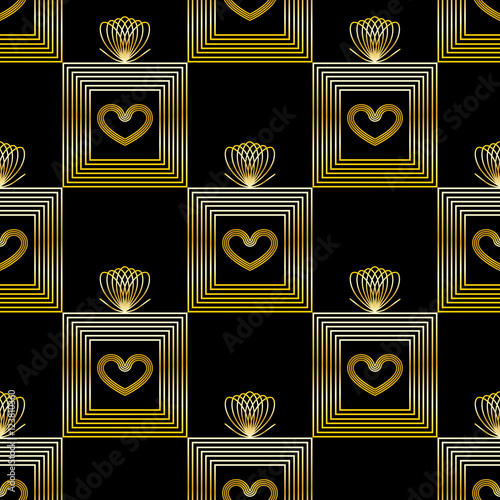 Seamless gift wrap pattern. Hearts & gift boxes pattern in gold & black. 