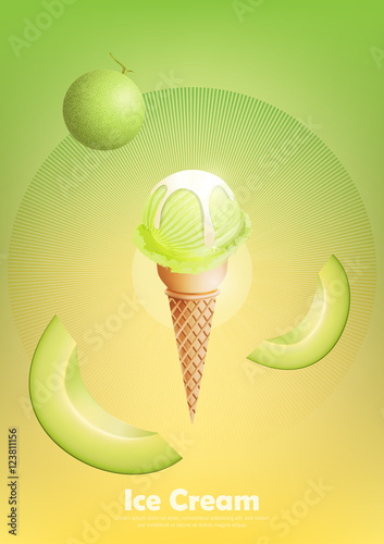 Ice cream cantaloupe melon in the cone, Pour milk syrup and a lot of cantaloupe melon background, transparent Vector