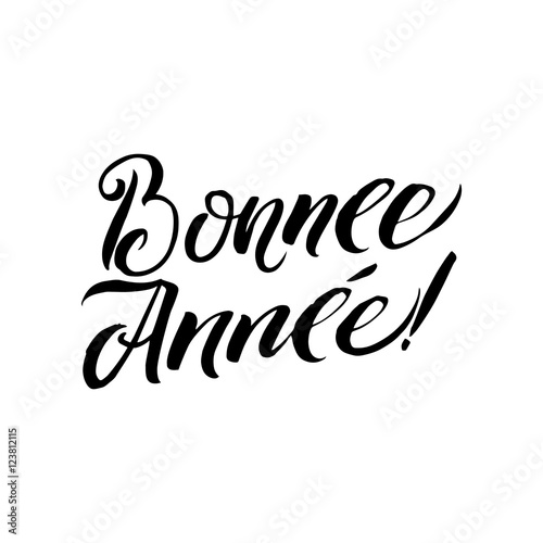 Happy New Year Stroke French Calligraphy. Greeting Card Black Typography on White Background.