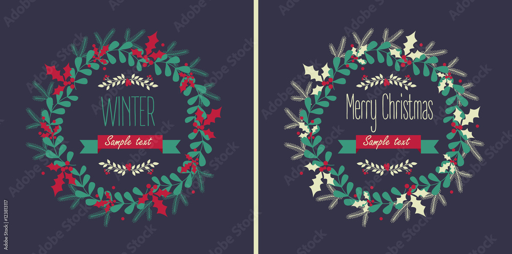 Set Greeting card with a festive wreath. Design Elements. Vector illustration 