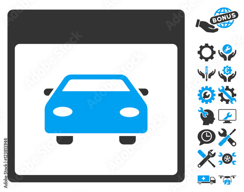 Automobile Car Calendar Page pictograph with bonus settings graphic icons. Vector illustration style is flat iconic symbols, blue and gray, white background.