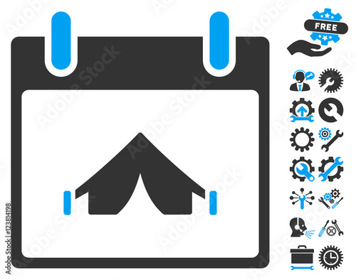 Camping Calendar Day pictograph with bonus setup tools pictures. Vector illustration style is flat iconic symbols, blue and gray, white background.