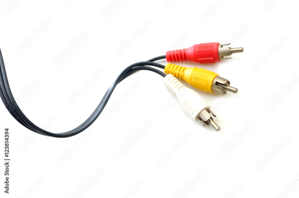 Red, white and yellow male cinch plugs, isolated on white background Red, white and yellow male cinch plugs, isolated on white background