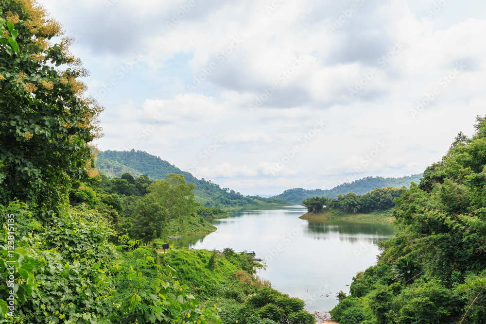 Area hills green forests and river view with  nature landscape